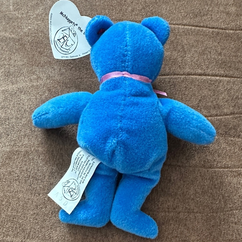 McNugget the Bear Beanie baby Blue Stuffed Bear with Pink Ribbon - Picture 6 of 7